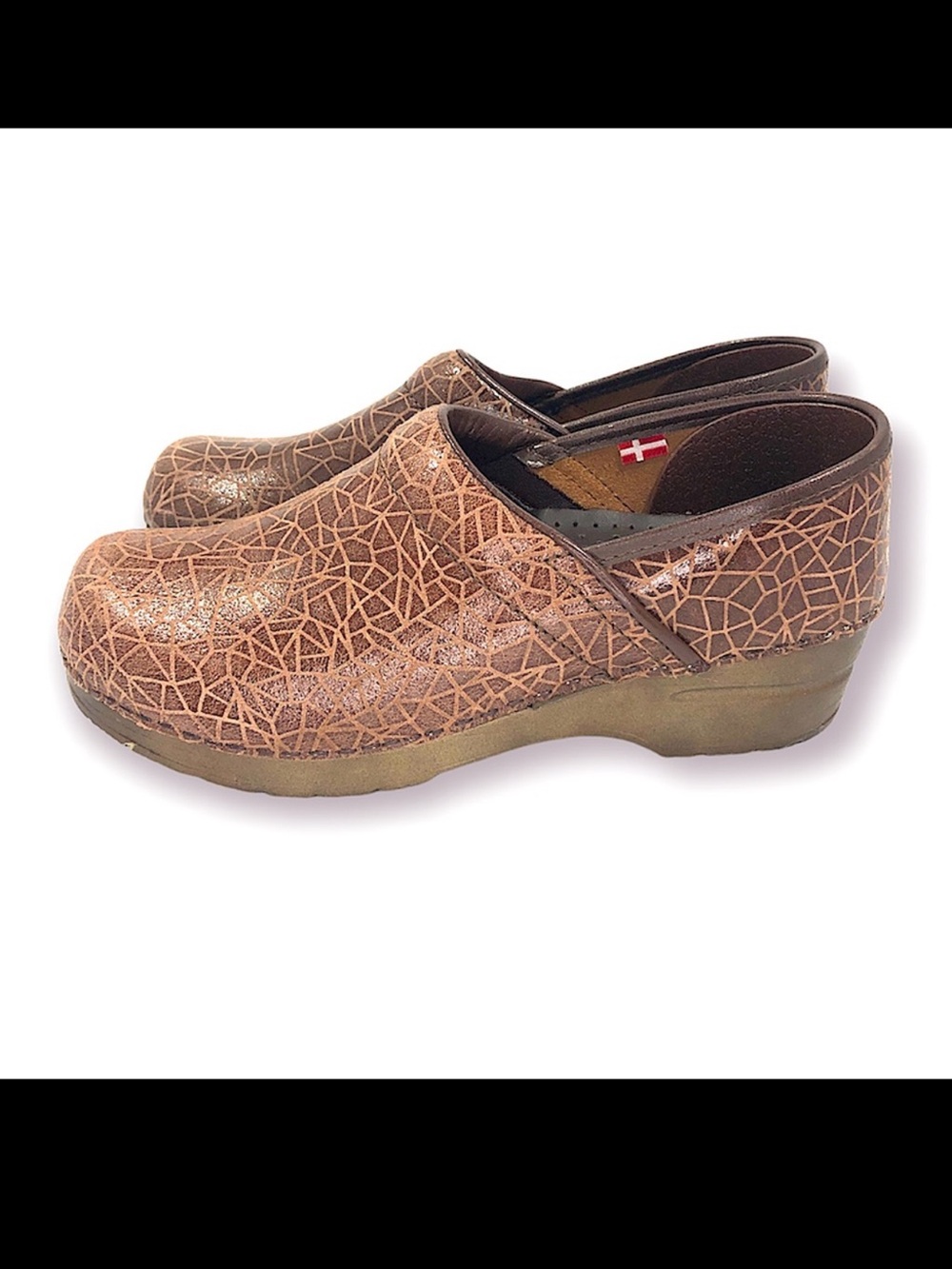 Sanita Pro Brown Crackle Geometric Mosaic Leather Clogs Women’s 7.5 - 8 / EU 38
